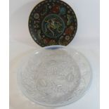 An Art Deco French vaseline glass bowl signed Barolac and an oriental cloisonne plate,