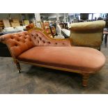 An Edwardian satin walnut frame pink buttoned upholstered chaise lounge