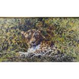 Tony Forrest original oil on canvas painting of a leopard amid bamboo a companion to the preceding