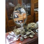 A brass dressing table mirror, small brass ornaments, barometer, Toledo sword,