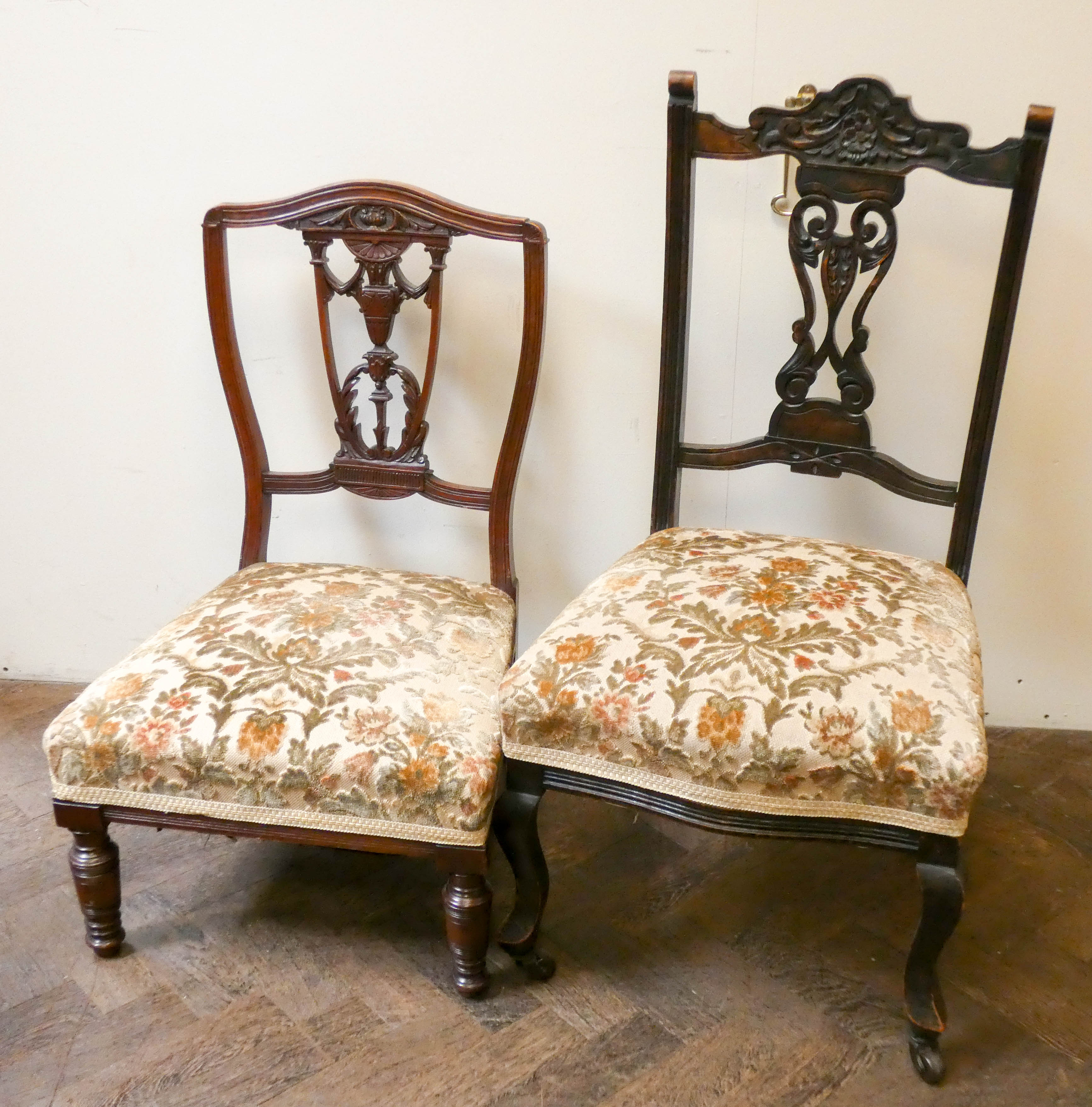 Two Edwardian bedroom chairs with floral fabric to the seats