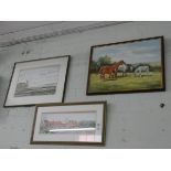 Modern oil painting of horses and two watercolour country scenes