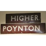 Two old enamel railway station signs for Higher Poynton in Cheshire,