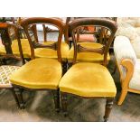 Five matching Victorian mahogany balloon back dining room chairs with gold upholstered seats
