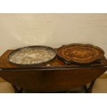 A Victorian floral marquetry shaped tray with brass gallery and an oval plated tray