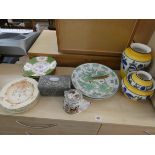 Two oriental plates, various others, three piece vase set,