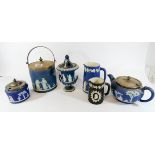 A collection of Wedgwood and other blue and white Jasper to include biscuit barrel, rose bowl etc,