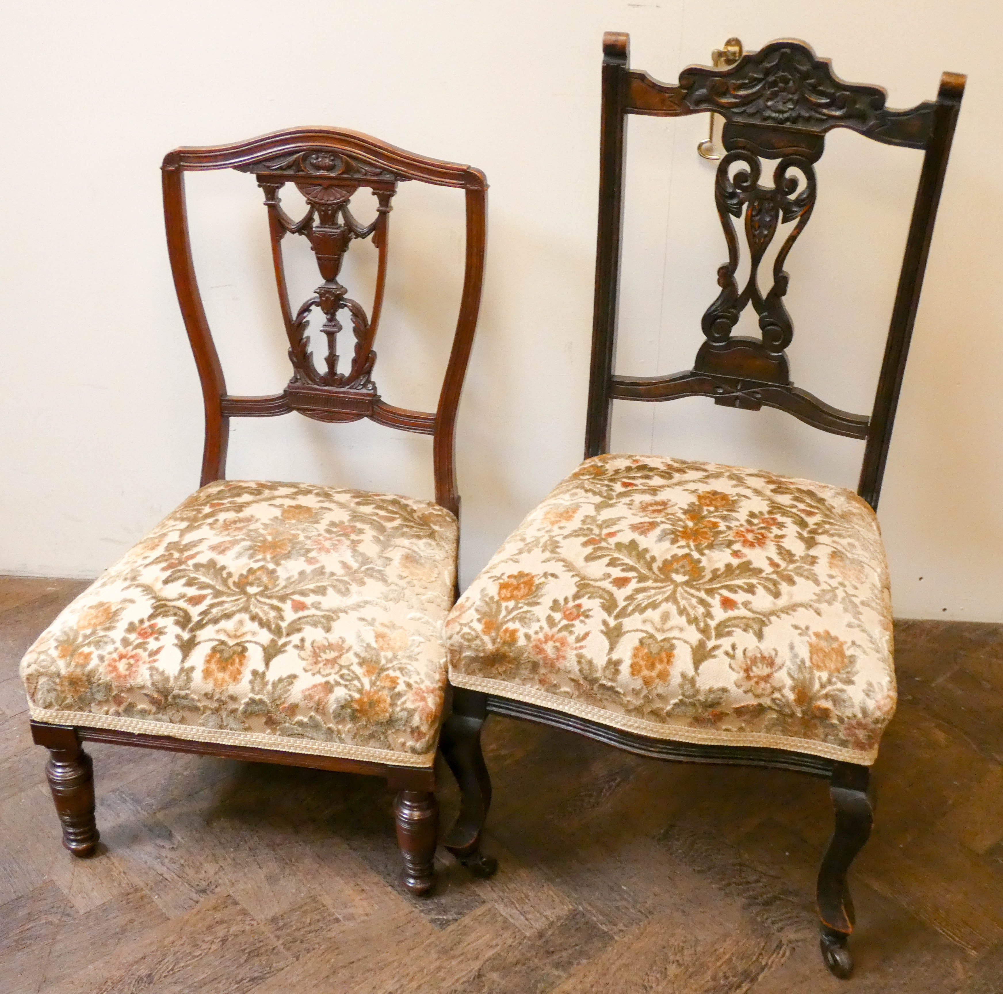 Two Edwardian bedroom chairs with floral fabric to the seats - Image 2 of 2