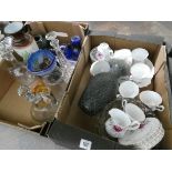 Three boxes of part dinner services, glass, china, clocks,