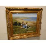 A contemporary oil on canvas painting of two girls looking out to sea in a Victorian style gilt