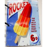 A large painted metal advertising sign for Rocket Lollies at 6p,