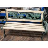 A new Victorian style metal ended wooden garden bench with animal back,