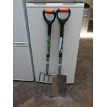 A stainless steel digging fork and spade