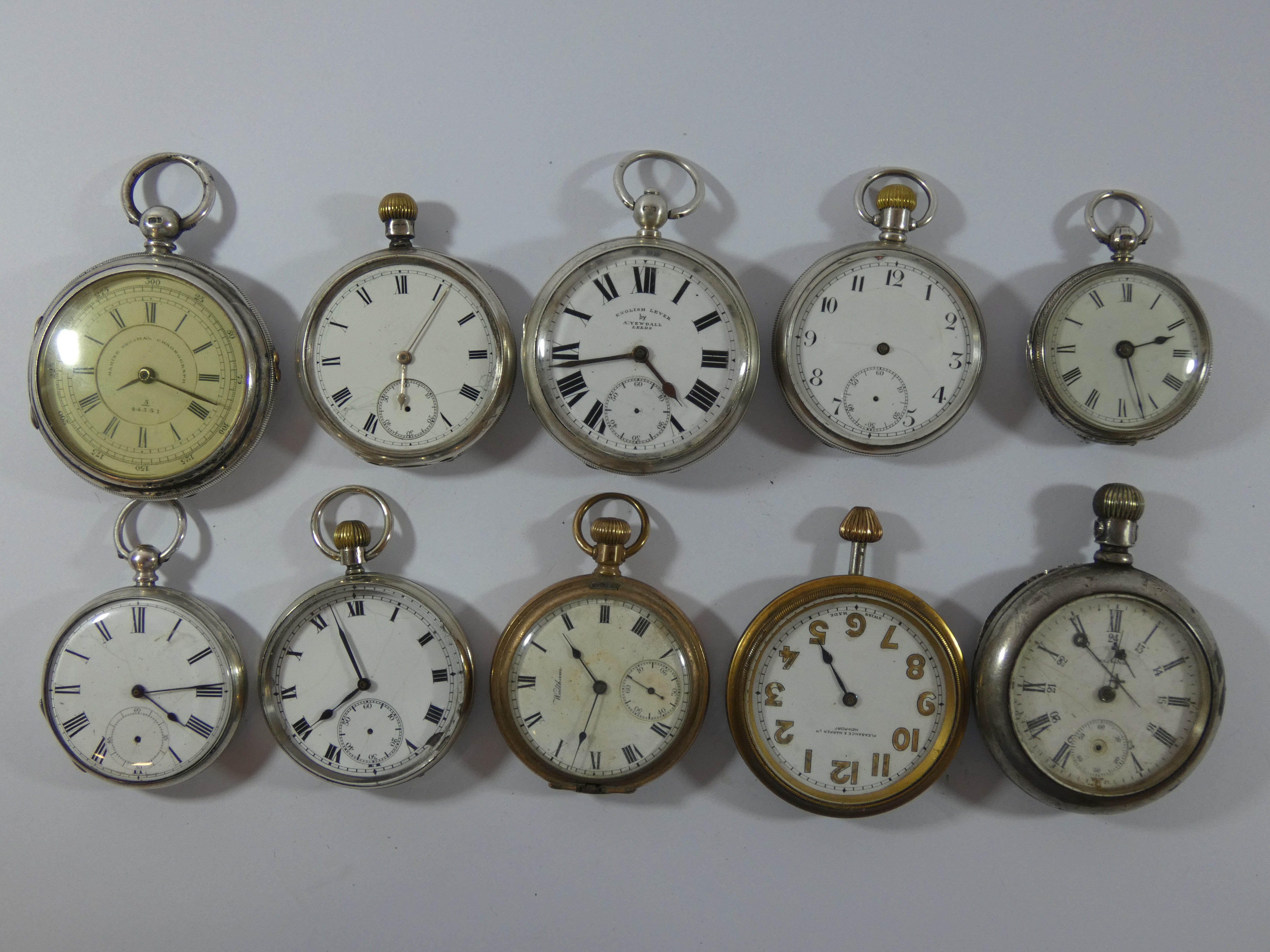 A collection of ten pocket watches six of which have silver cases,