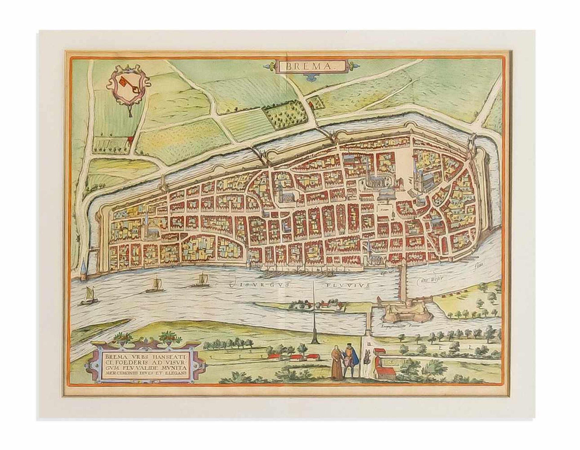 Historische Karte von Bremen. "Brema Urbs Hanseatici Foederis ...". Kupferstich, col., aus"Civitates
