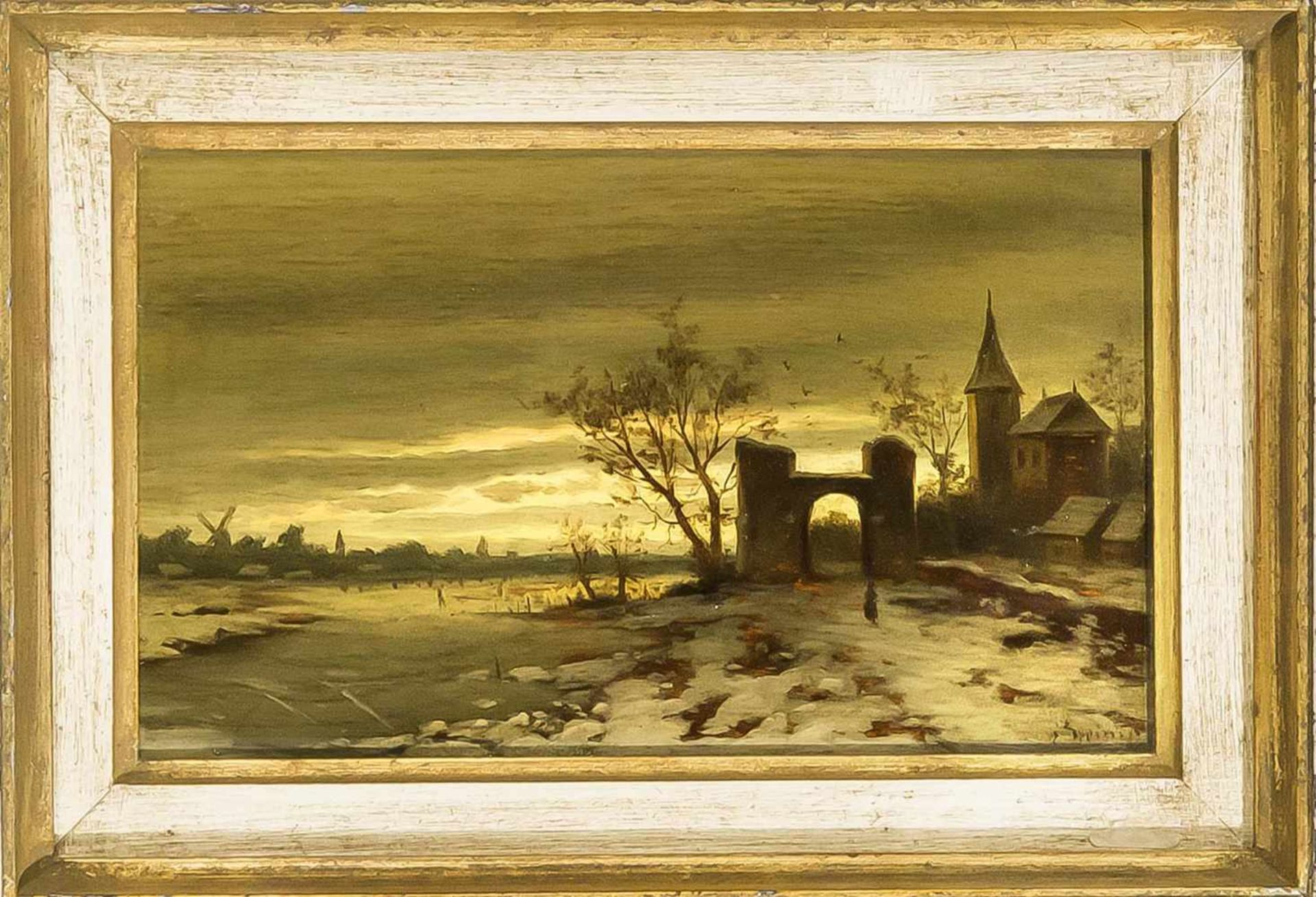 Landschaftsmaler, Ende 19. Jh. Verschneites Dorf am Fluß in der Dämmerung. Öl/Holz, u. re.