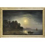 Landschaftsmaler 19. Jh. Romantische Seelandschaft bei Vollmond. Öl/Lwd., unsign., 22 x35,5 cm, ger.