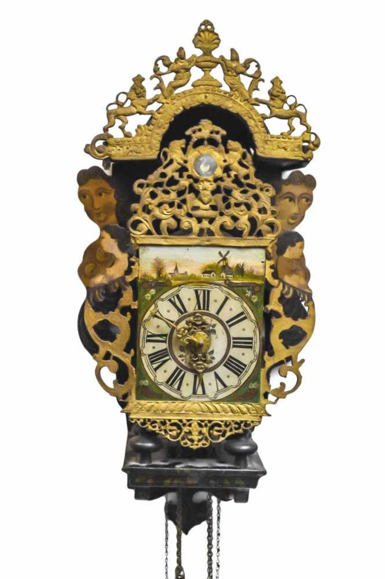 Friesische Meerweibchenuhr um 1800. Bemaltes Holzgehäuse mit gesägten Figuren, bemaltesZb. mit