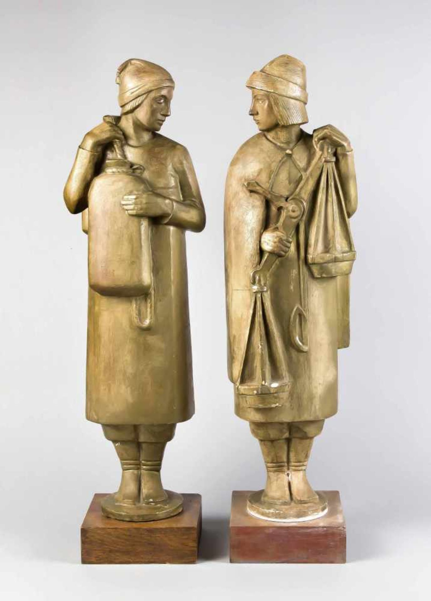 Lange, H. Bildhauer des frühen 20. Jh. Paar Figuren mit Waage bzw. Mehlsack. Um 1920/30.Gips,