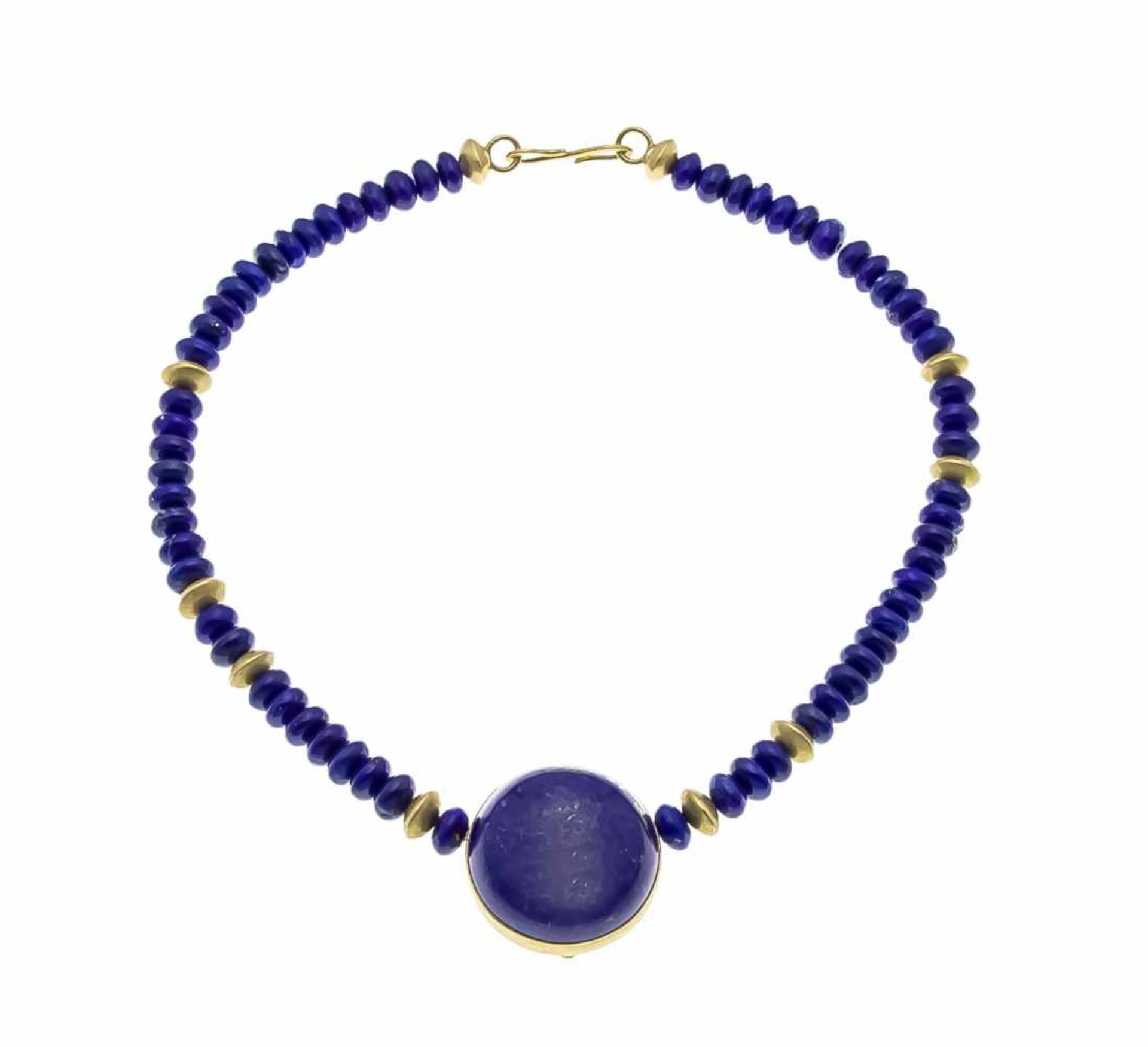 Lapislazuli-Collier GG 750/000 mit einem runden Lapislazuli-Cabochon 29 mm, sowieLapislazuli-Boutons - Bild 2 aus 2