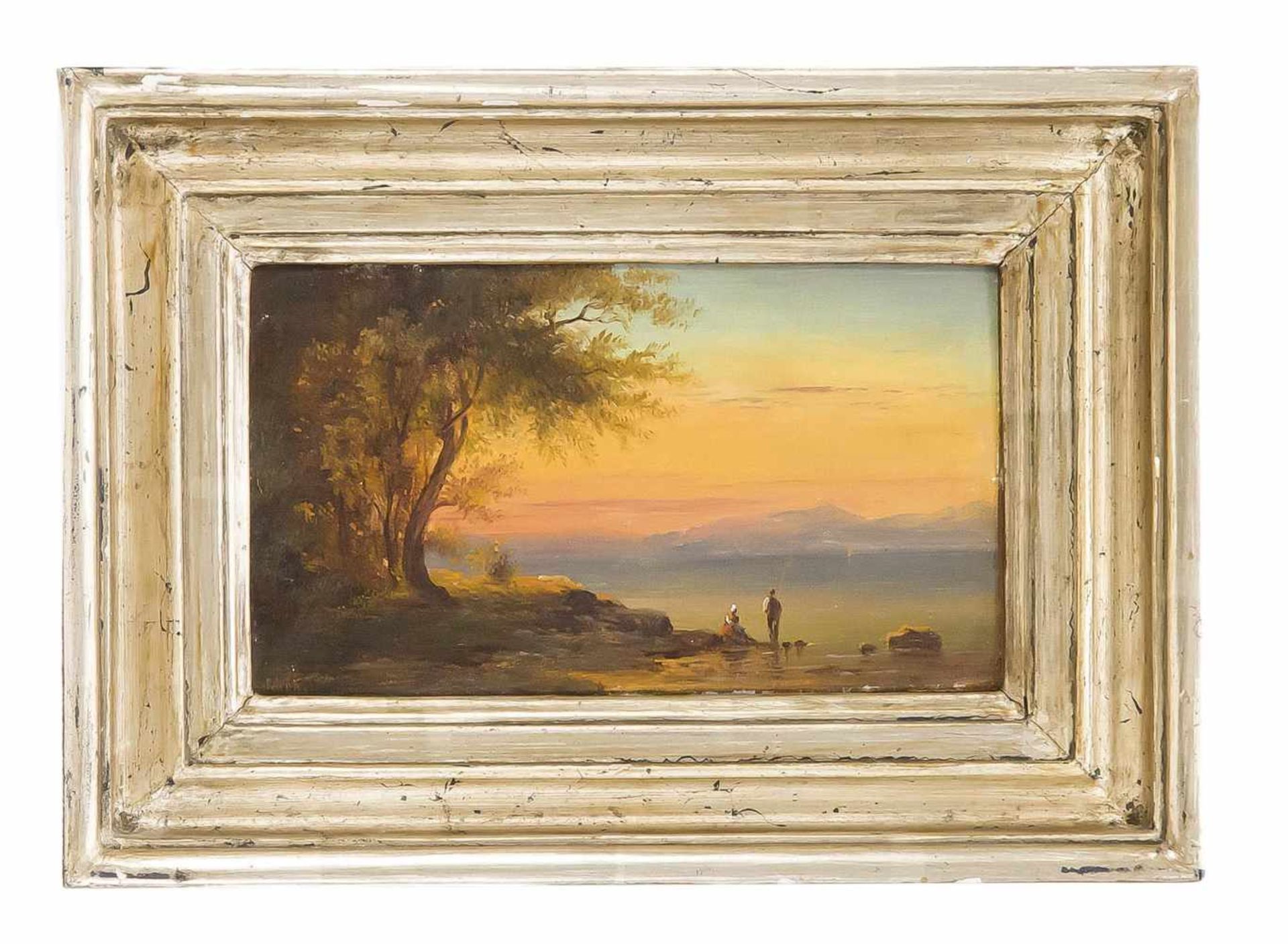 Schöne, Landschaftsmaler des 19. Jh. Angler an bewaldetem Seeufer bei untergehender Sonne.Öl/Karton,