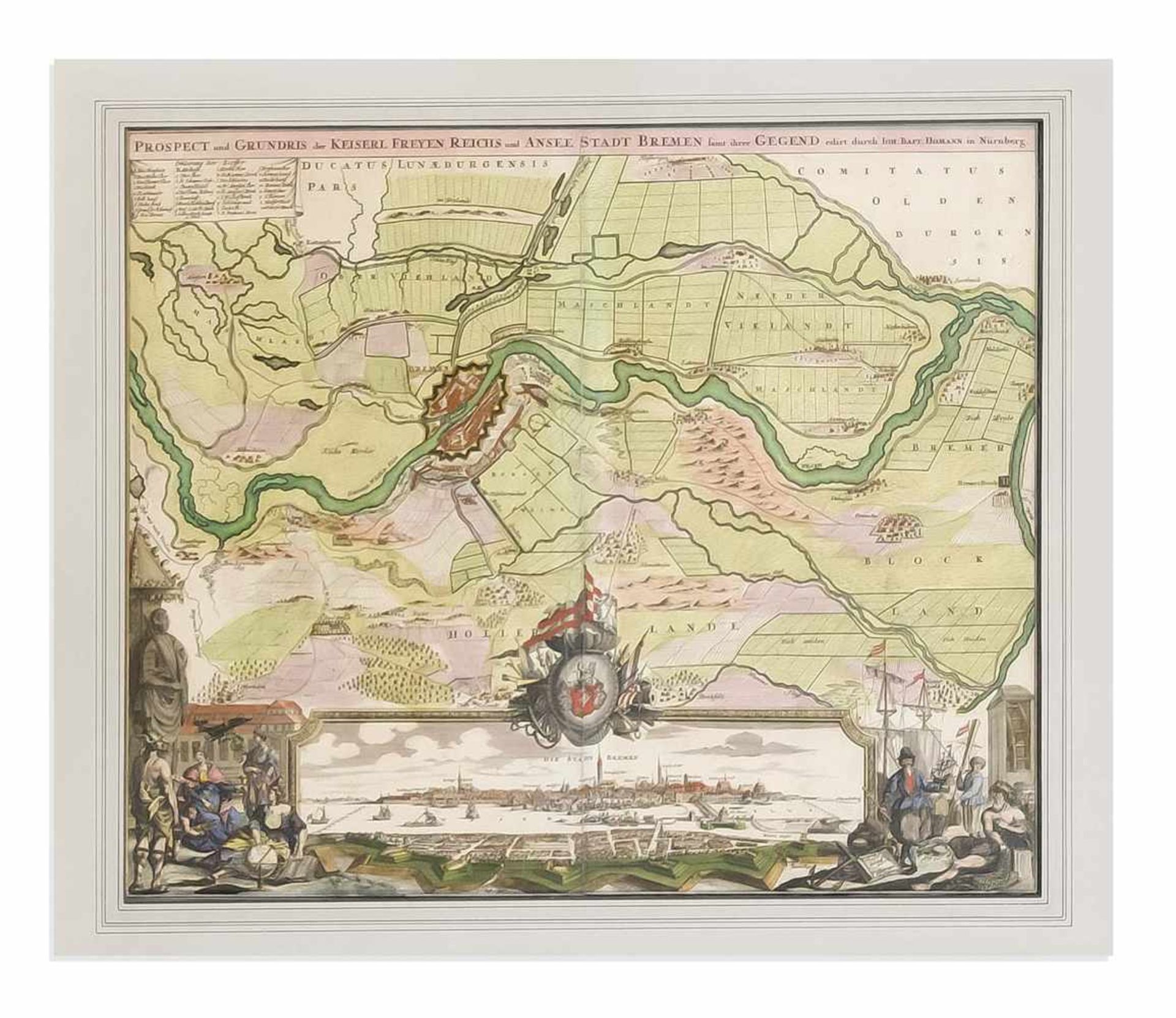 Zwei historische Karten Bremen und Elbverlauf. 1) "Prospect und Grundris der Keiserl.Freyen Reichs