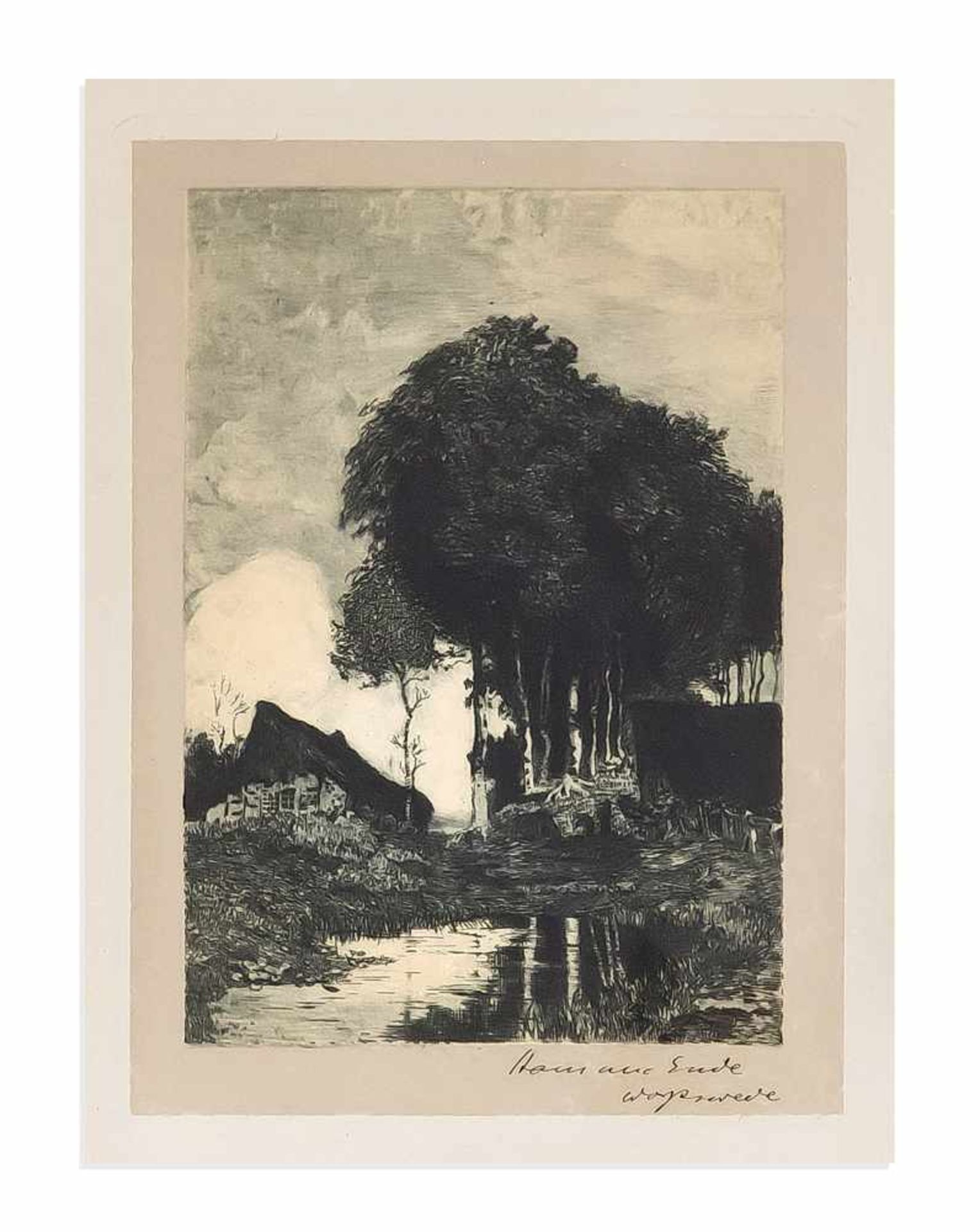 Ende, Hans am. 1864 Trier - 1918 Stettin. Worpsweder Moorlandschaft mit Birken und Kate,Radierung in