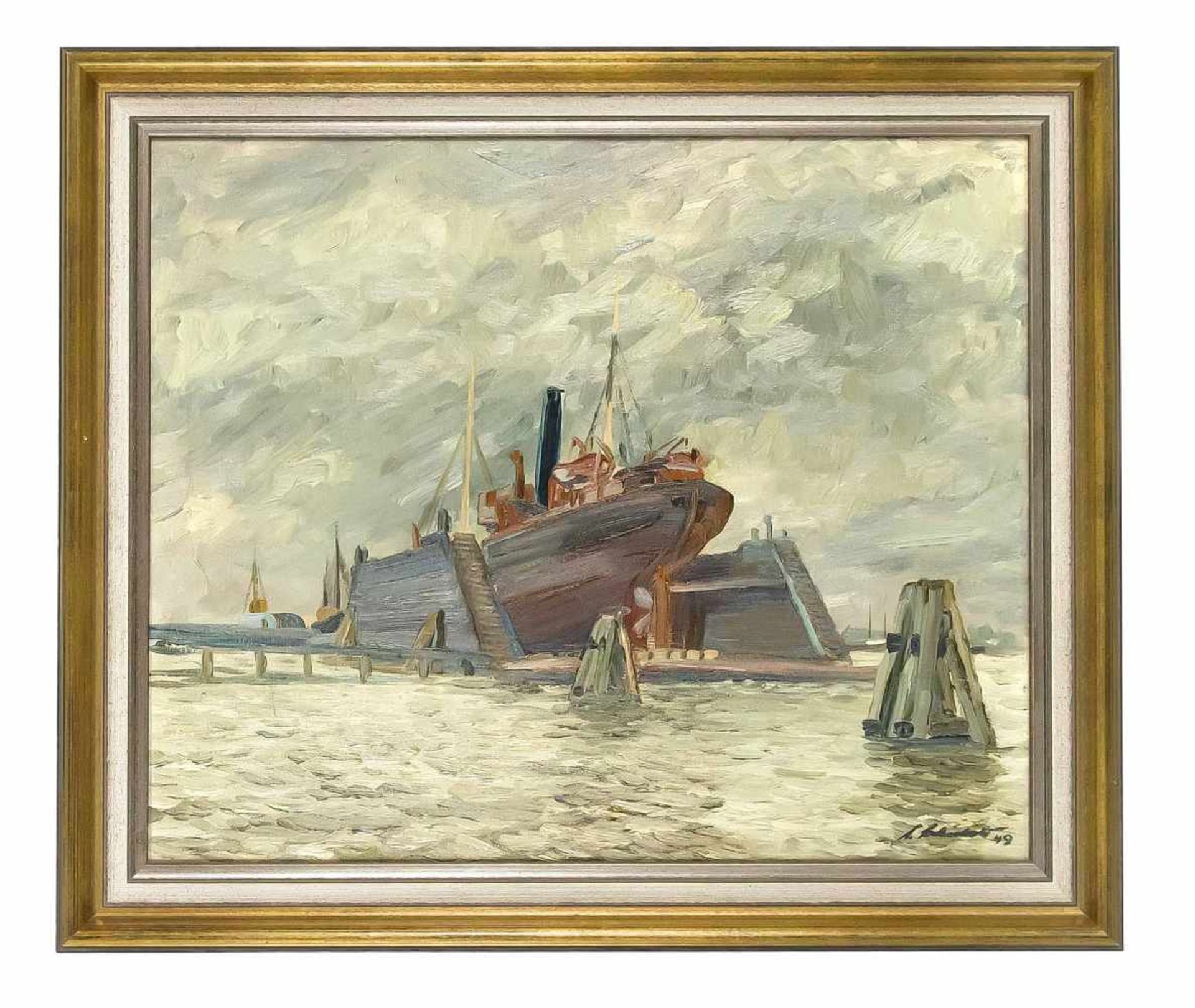 Schiebold, Alfred. 1913 - Bremerhaven - ?. Hafen. 1949. Öl/Lwd., u. li. sign. u. dat. A.Schiebold