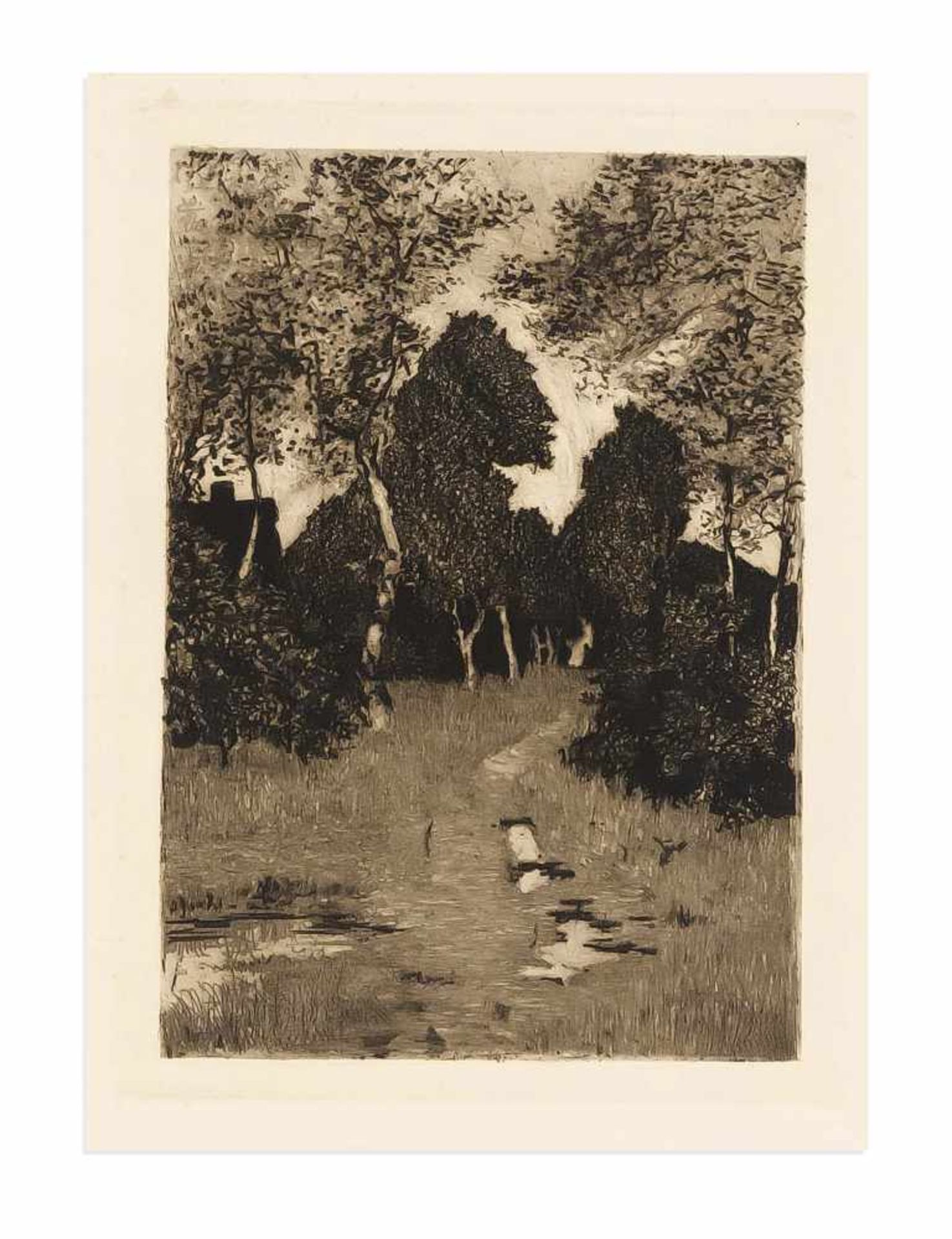 Ende, Hans am. 1864 Trier - 1918 Stettin. "Worpswede" (Landschaft mit Birken).Radierung/Bütten,