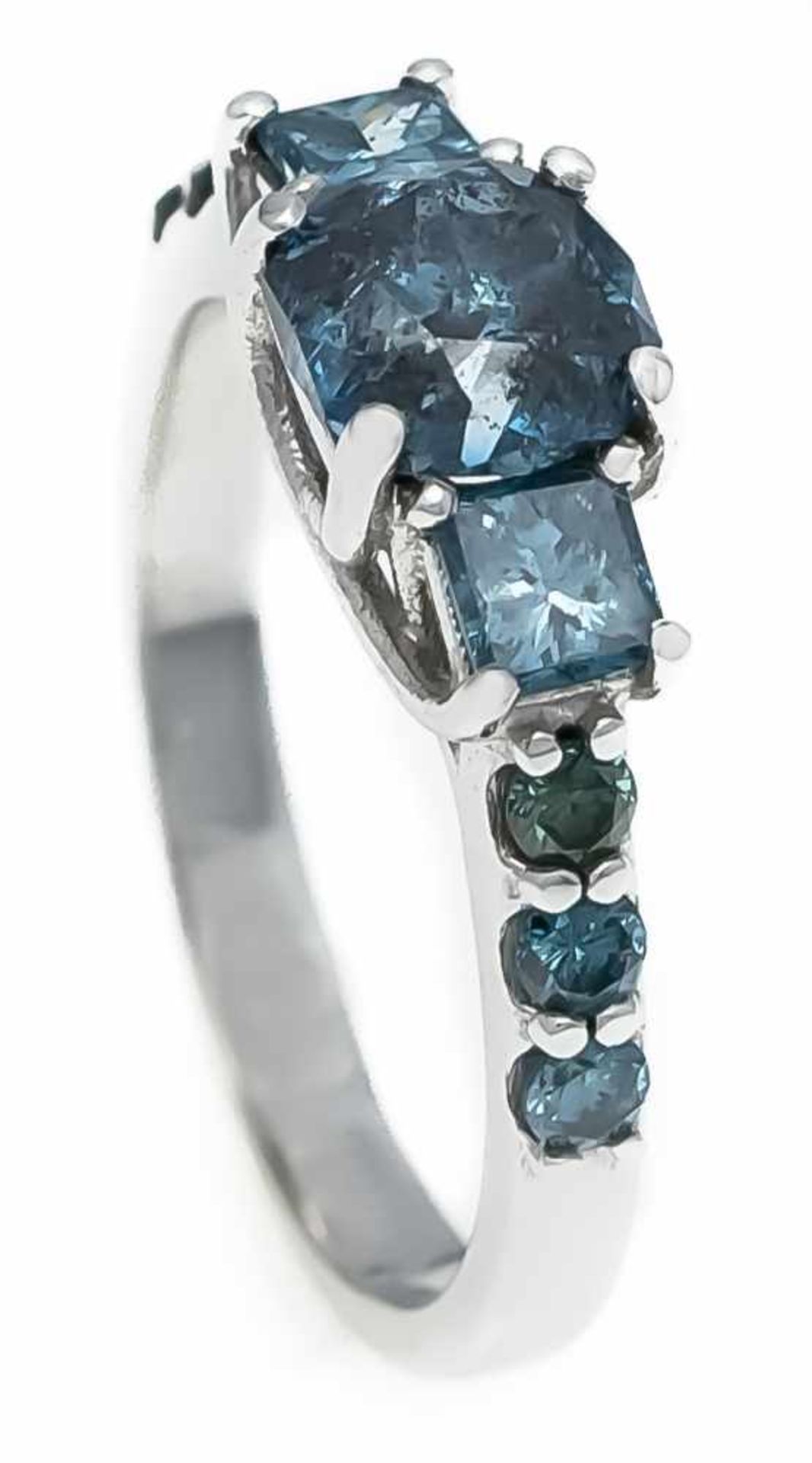 Brillant-Ring WG 585/000 mit einem Brillanten 1,16 ct Fancy Intense Blue/PI, 2Princess-Diamanten,