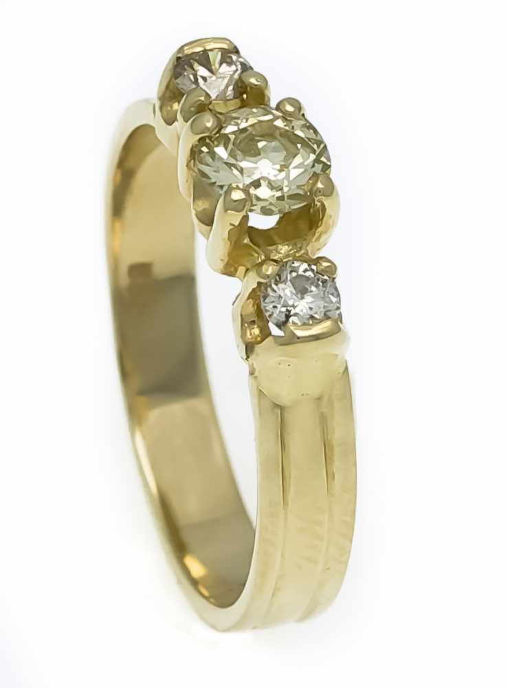 Brillant-Ring GG 585/000 mit einem Altschliff-Diamanten 0,40 ct getönt/SI und 2Brillanten, zus. 0,20