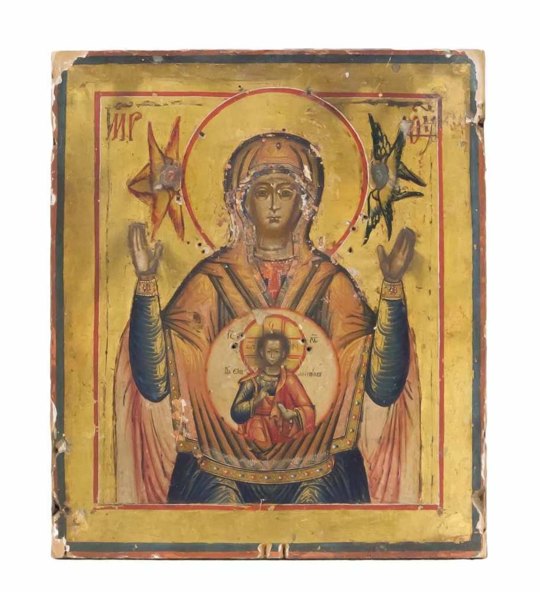Ikone "Gottesmutter des Zeichens". Russland, 19. Jh. Eitempera mit Gold/Kreidegrund/Holz.Die