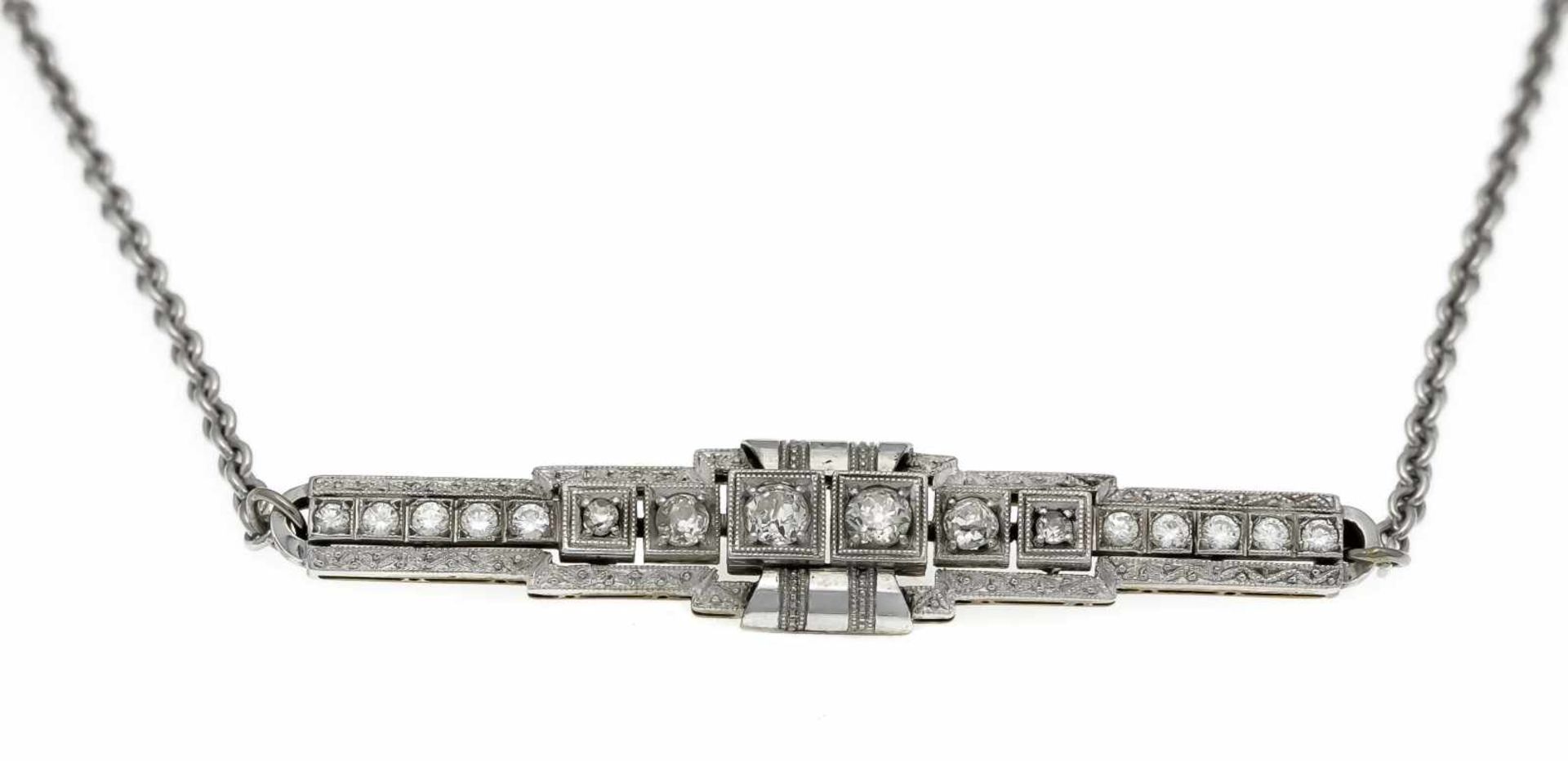 Art Déco Collier WG/GG 585/000 mit 6 Altschliff-Diamanten und 10 Brillanten, zus. 0,86 ctl.get.W-W/