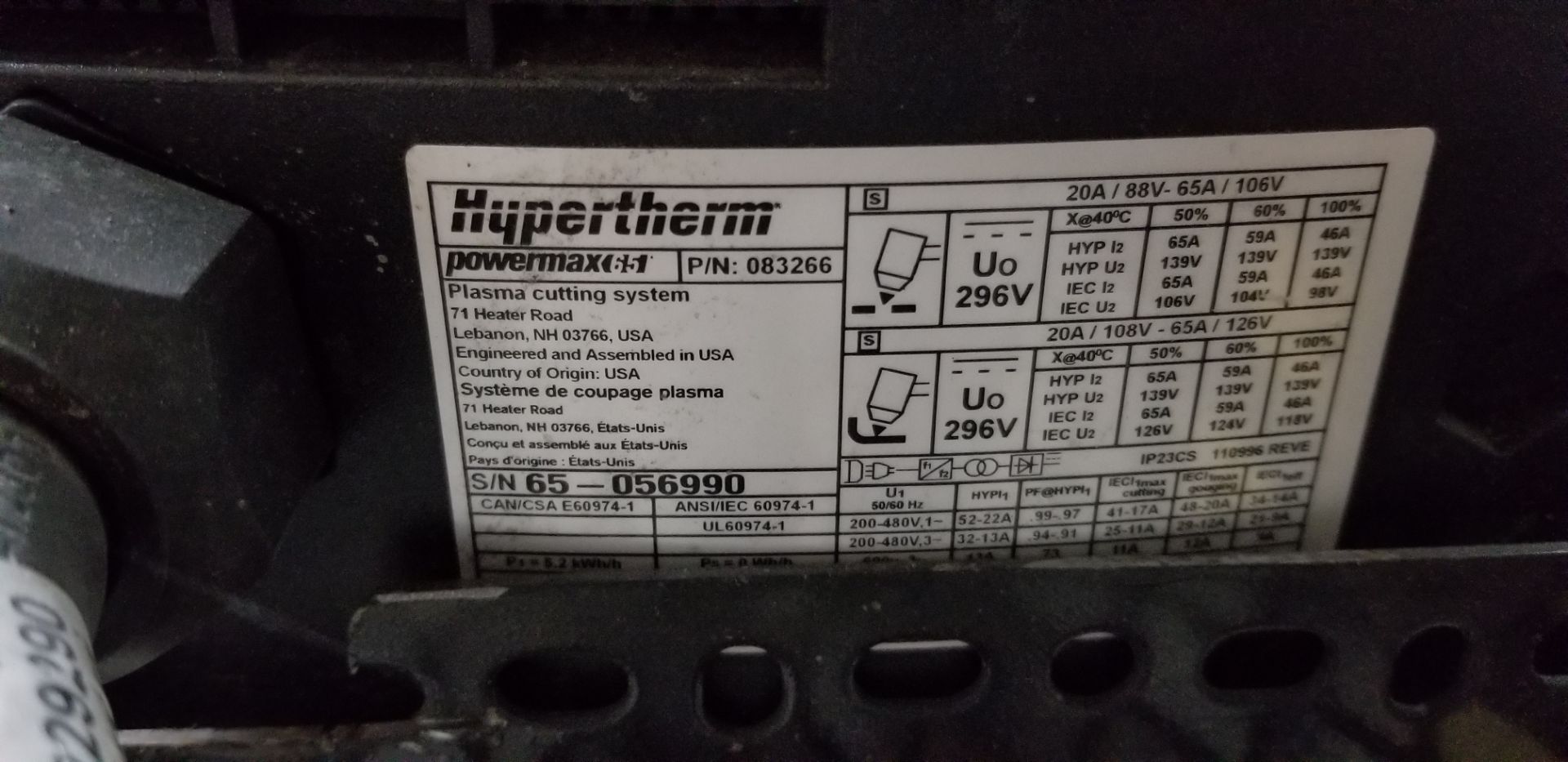 HYPERTHERM Powermax 65 plasma cutter yr.2018 with accessories and cart ser.083266//HYPERTHERM - Image 5 of 6