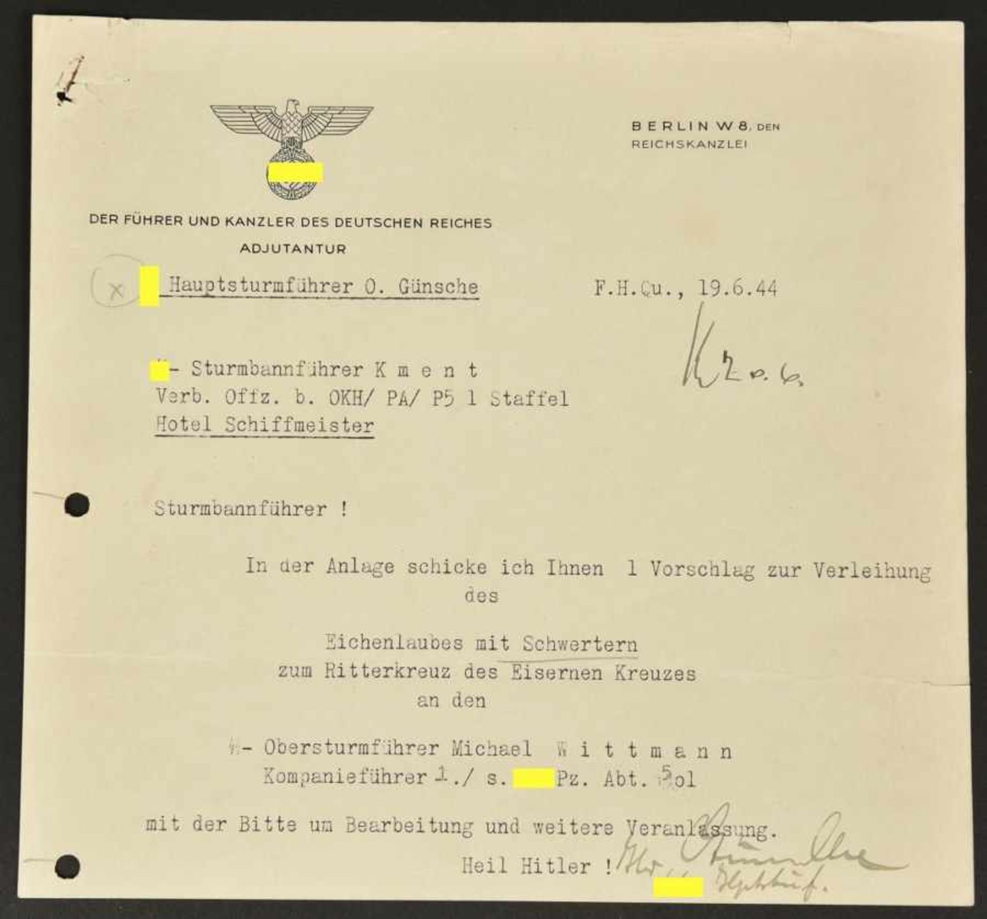 Mickael Wittmann Courrier envoyé par Otto Günsche, adjudant d'Adolf Hitler pour la SS. Daté du 19
