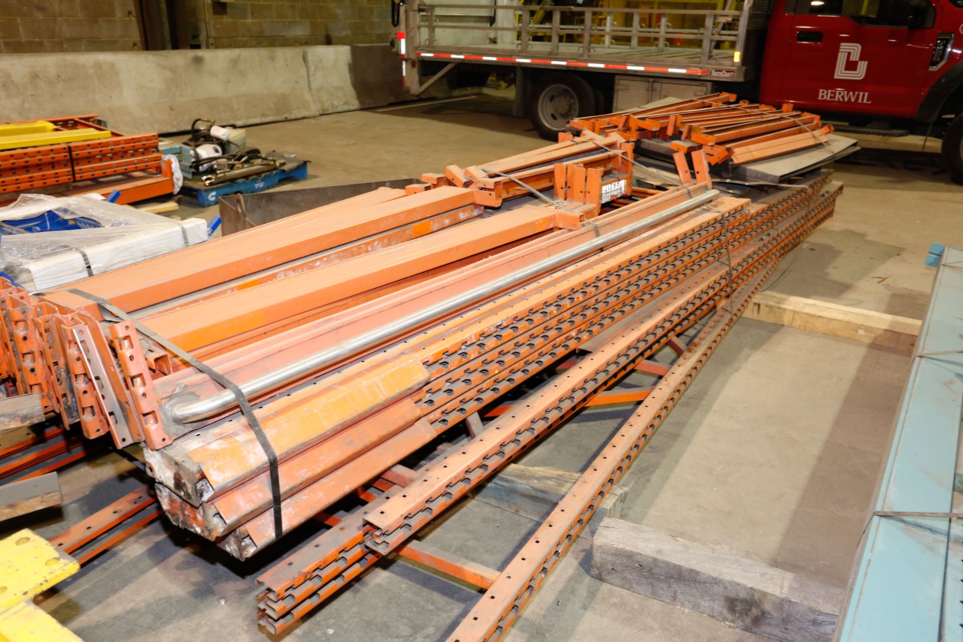 LOT OF ORANGE RACKING, UPRIGHTS, CROSS BARS & SUPPORTS