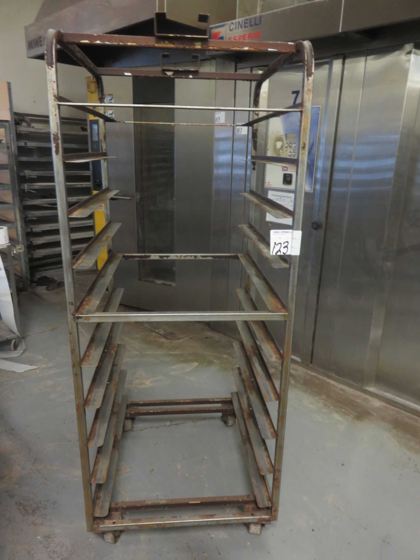 ALUMINUM APPROX 26" X 35" X 71" 11-PAN ROTARY BAKING PAN TROLLEY RACK