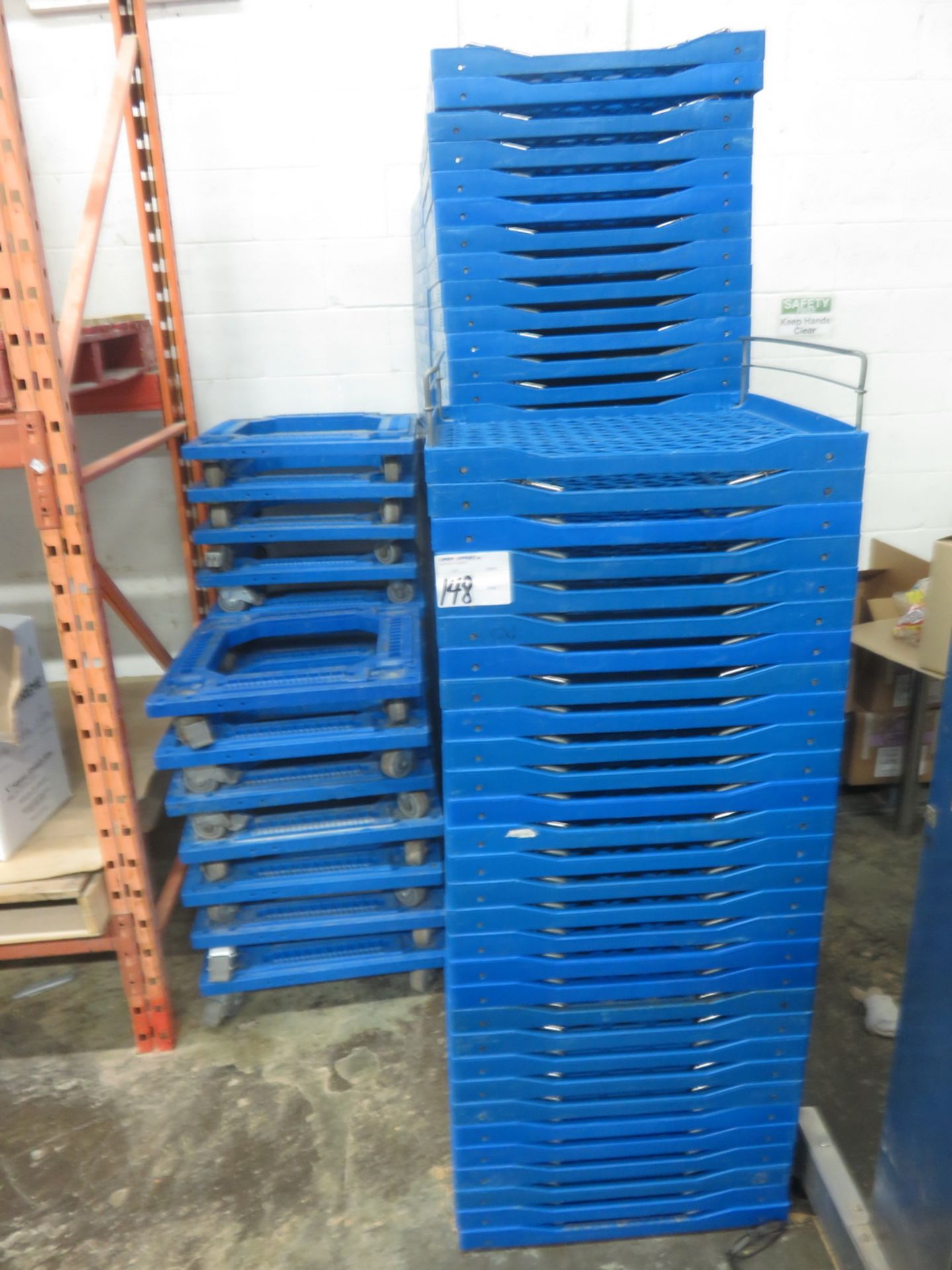 LOT - BLUE PLASTIC & CHROME 2' X 2' STACKABLE BREAD TRAYS (APPROX 110 TRAYS & 18 CARTS)