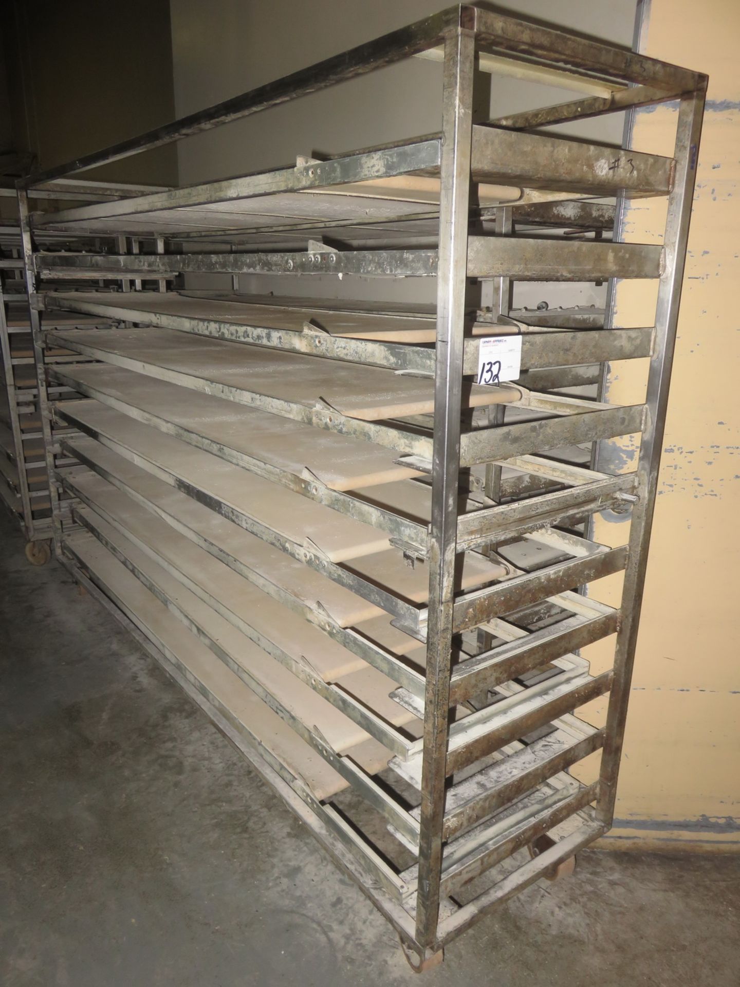 UNITS - STEEL FRAME W/ 10-SHELF CONVEYOR BELT BAKERY TRAY RACKS