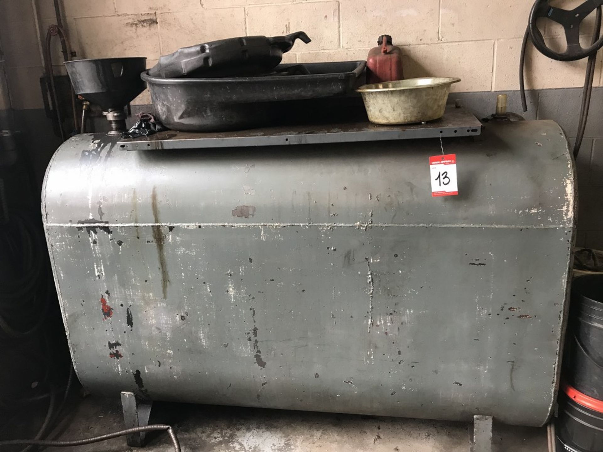 ABOVE GROUND STEEL TANK FOR FUEL & LUBRICATION OIL W/ASSORTED OIL PANS & SUPPLIES