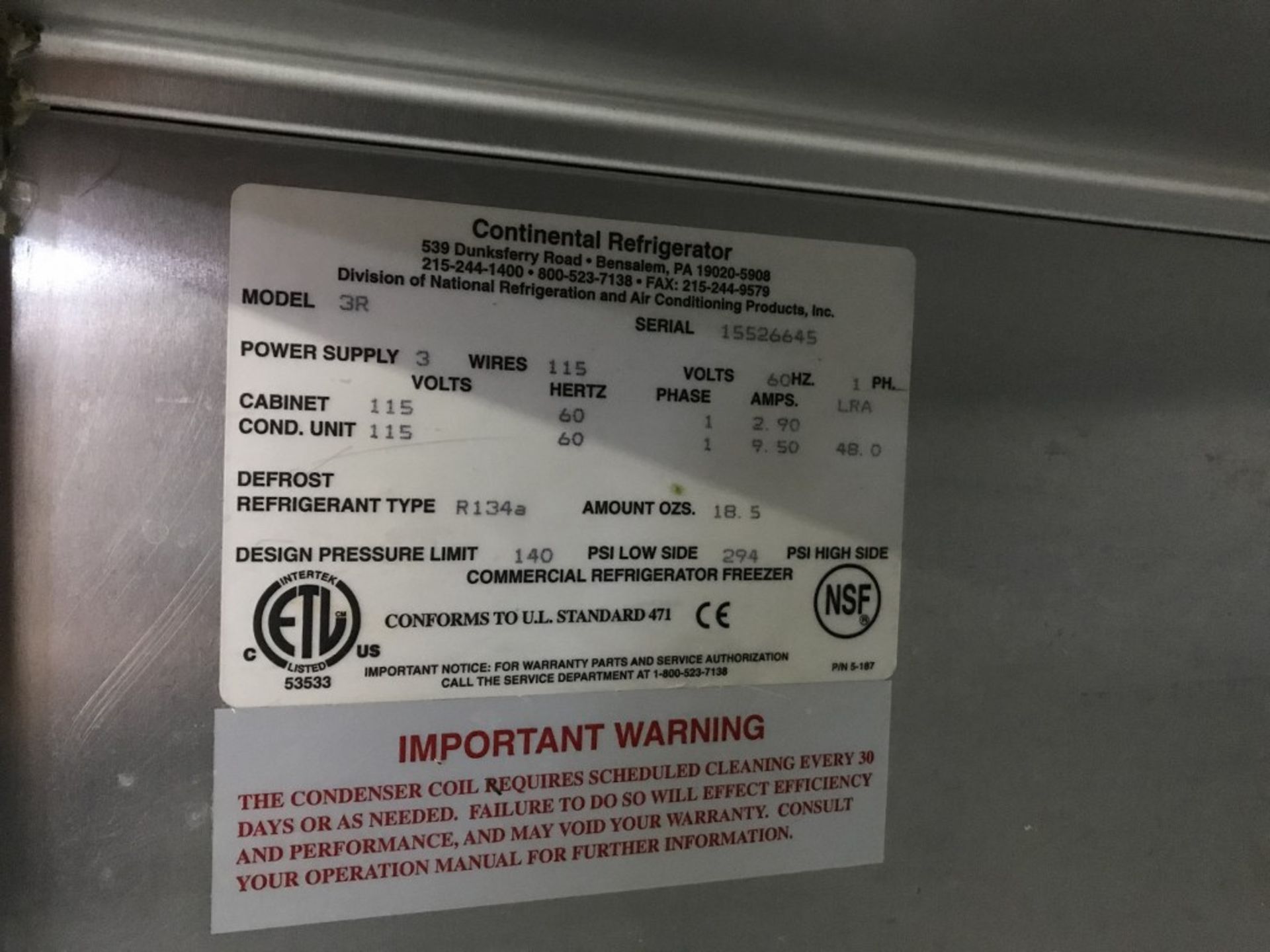 CONTINENTAL - 3-DOOR STAINLESS STEEL REFRIGERATOR. MODEL # 3R - Image 4 of 4