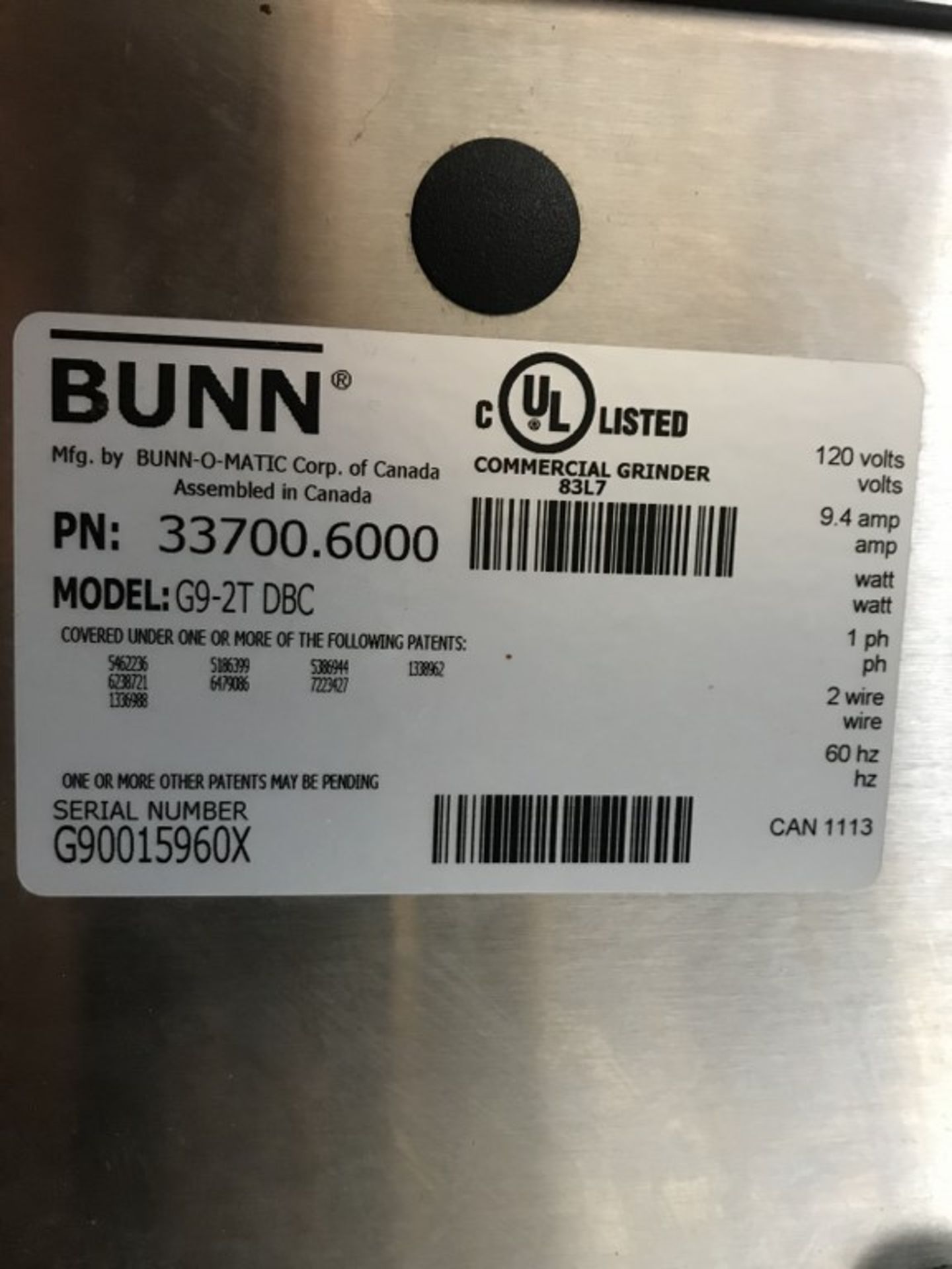 BUNN -O-MATIC - COFFEE GRINDER. MODEL # G9-2T DBC - Image 2 of 2