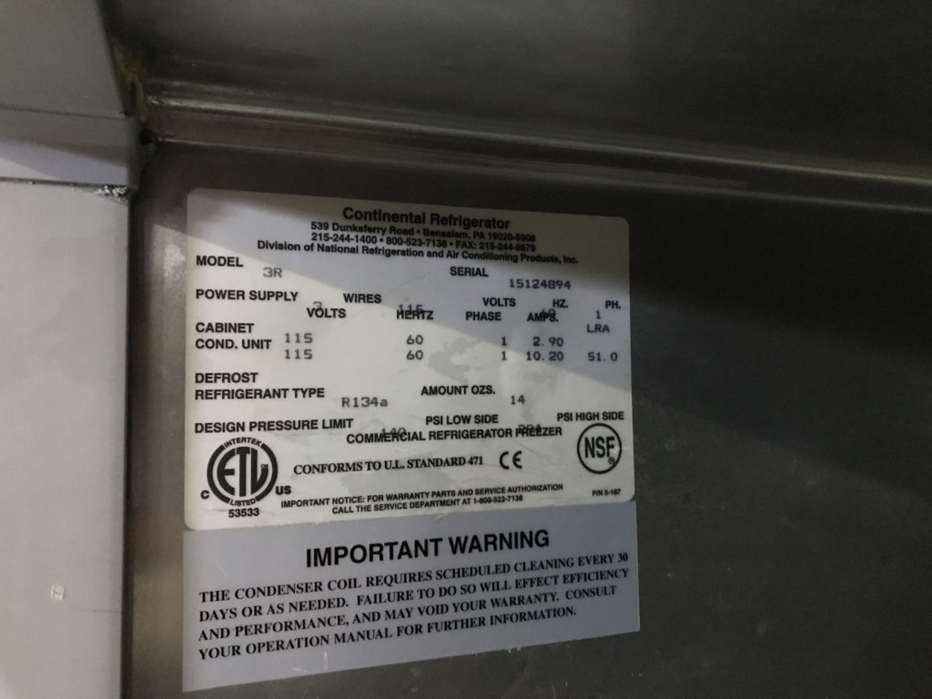 CONTINENTAL - 3-DOOR STAINLESS STEEL REFRIGERATOR. MODEL # 3R - Image 4 of 4