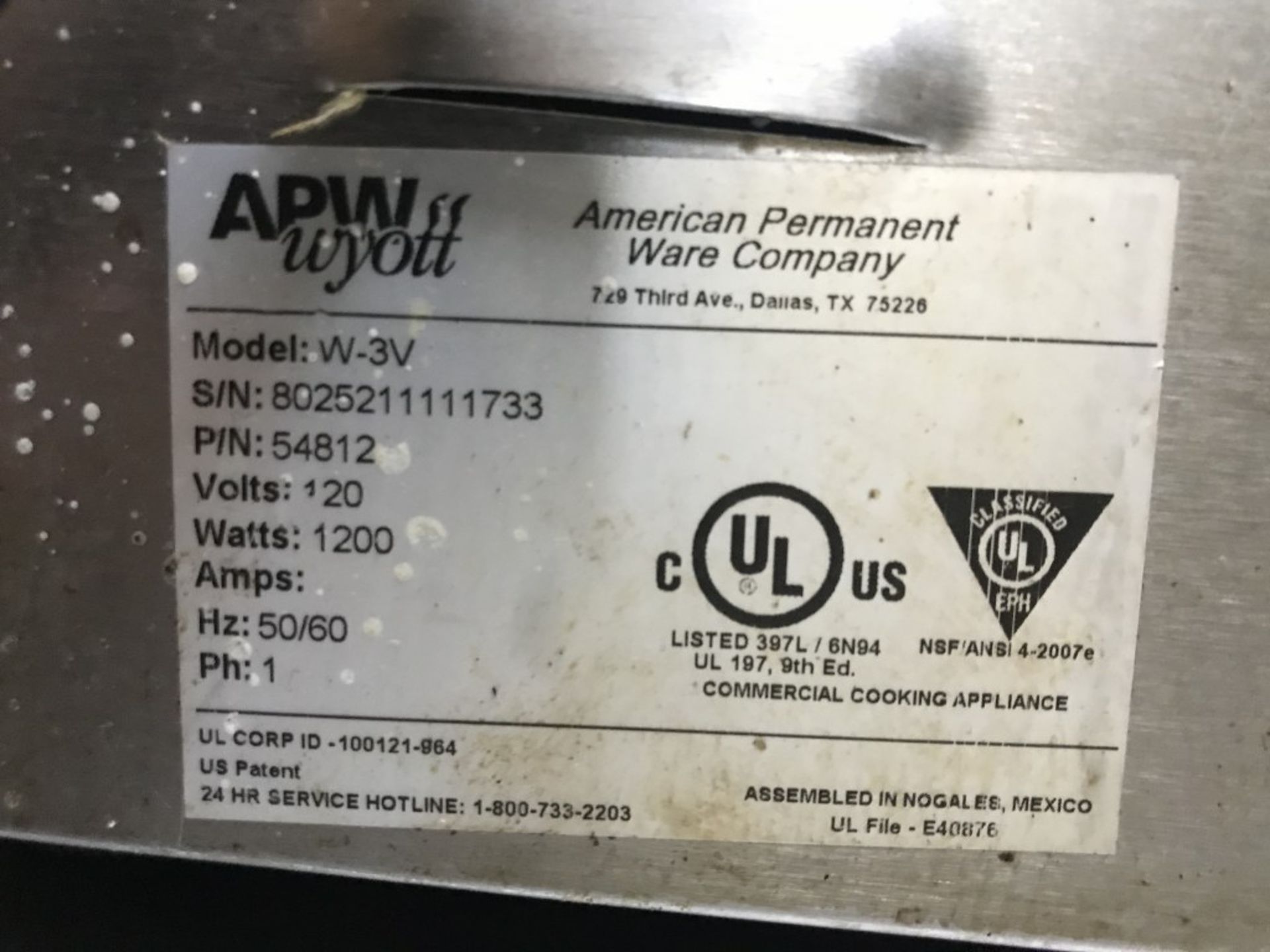 APW WYOTT - FOOD WARMER - MODEL # W-3V - Image 2 of 2