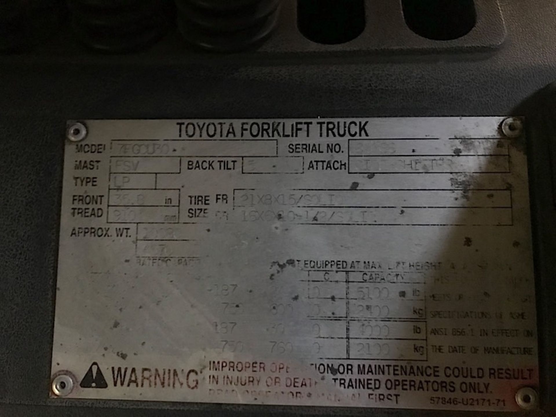 TOYOTA (7FGCU30) 6,000LBS CAP LPG FORKLIFT - Image 3 of 4