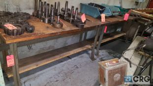 1 lot of 5 assorted metal framed wood top work benches, no contents