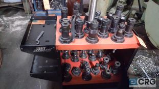 Lot of 36 assorted cat 50 taper tool holders with cart.