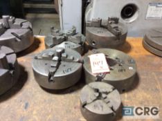 Lot of five assorted chucks, 3 at 10" diameter, one 9", four jaw, and one 6", four jaws.