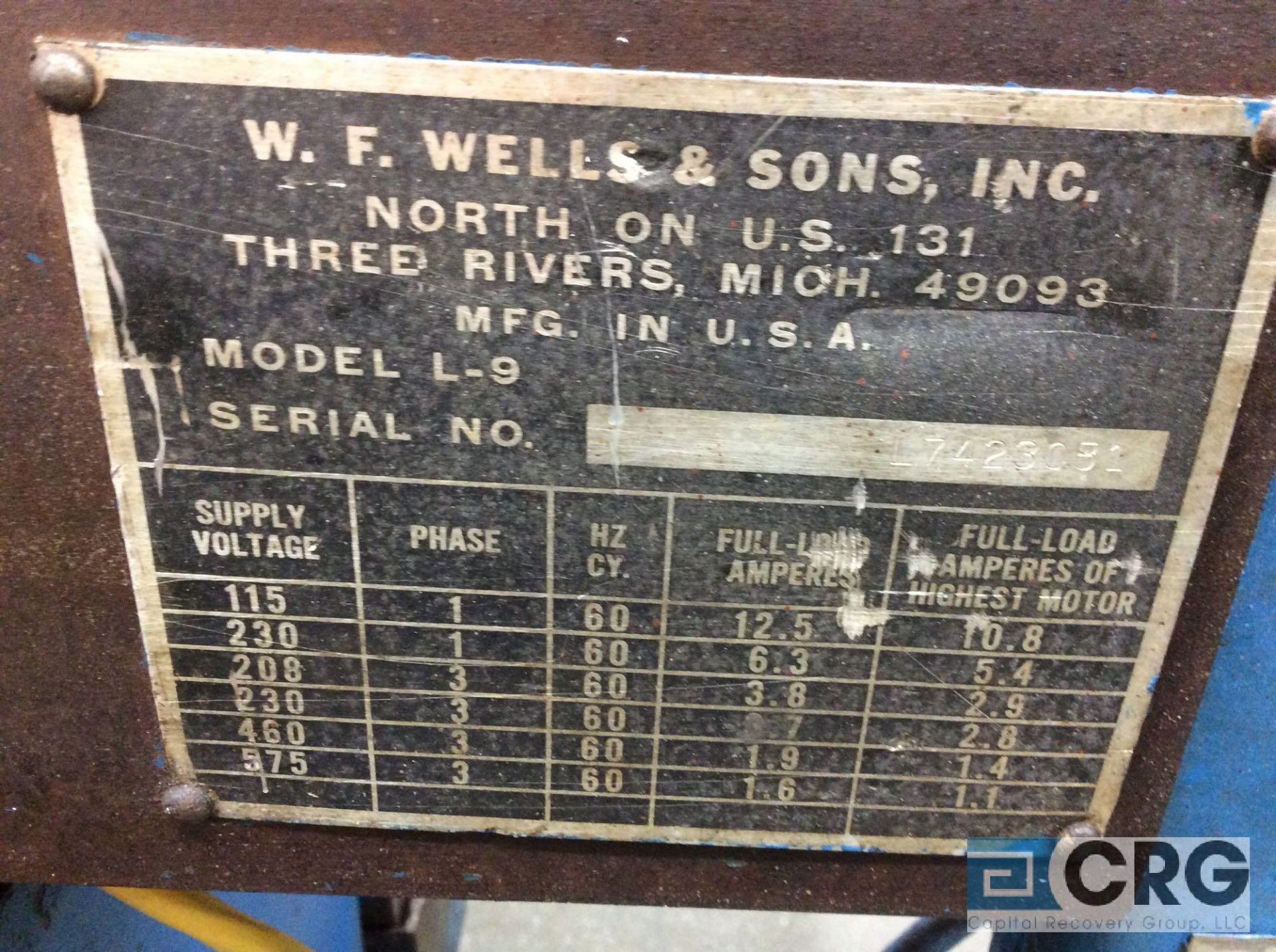 Wells L-9 horizontal band saw, 20 inch wide throat - Image 2 of 2