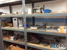 Lot of asst steel and aluminum jaws, aluminum fixtures and jigs (contents of 2 shelves)